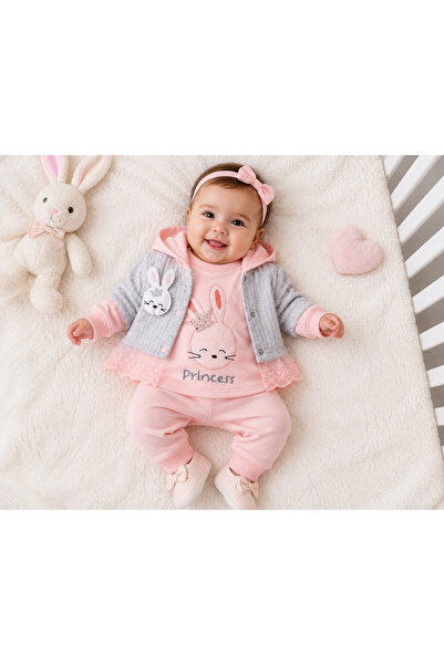 Babyim Ley Bebe Nakışlı Güpürlü 3lü Kapüşonlu Takım