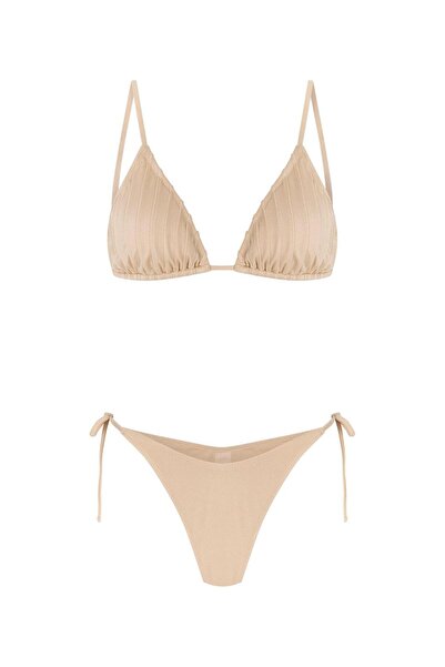 TIME MUSE SAVANNA Dekoratif Dikiş Detaylı Bej Üçgen Bikini Takım