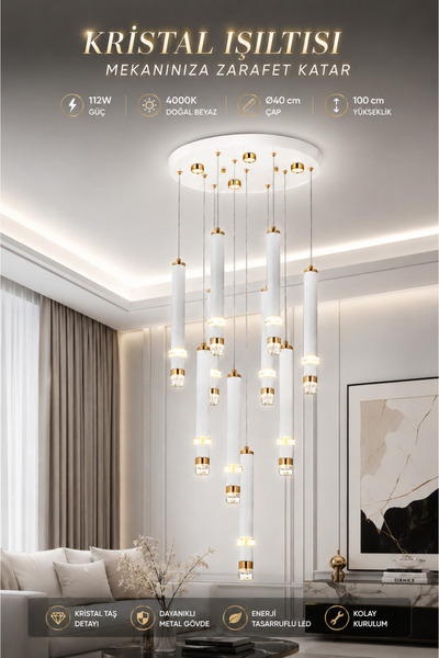 Elvora Home Modern (PREMİUM) 10'lu LED Gold Beyaz Kristal Taşlı Sarkıt Avize ...