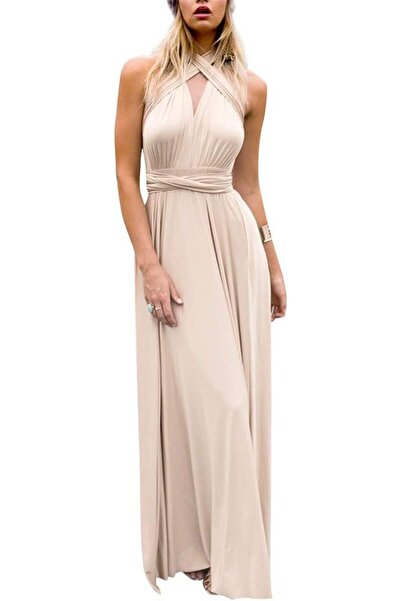 OEM Rochie Maxi Pentru Femei De Seară Elegantă Fără Mâneci Bej Plisată S