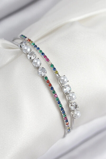 ALKASAZ Brass Zircon Stone Pearl Model Silver Color Women's Bracelet