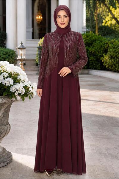 TRENDTESETTÜR KADIN BORDO TAŞ DETAYLI ABİYE ELBİSE T 7463