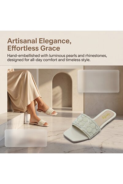 Dhiaa Walk Nude Women’s Pearl Strap Slides - Square Toe Flat Sandals for Saud...