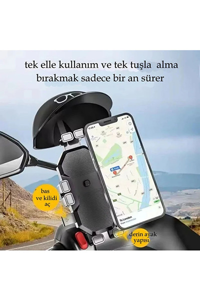 Coverzone Titreşim Önleyici Otomatik Tuşlu Bisiklet Scooter ATV Tüm Motosikletler İçin Telefon Tutucu Şapkalı Dikiz Ayna Ve Gidon Bağlantılı Telefon Tutucu Motor Tutacağı Motor Tutacak Güçlü Tutuş 12.5Cm X 21Cm