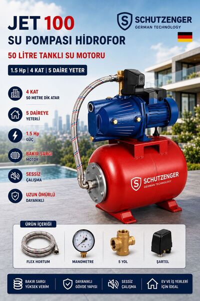 SCHUTZENGER JET100 SU POMPASI HİDROFOR 50 LİTRE TANKLI SU MOTORU 1.5 Hp 4 KAT...