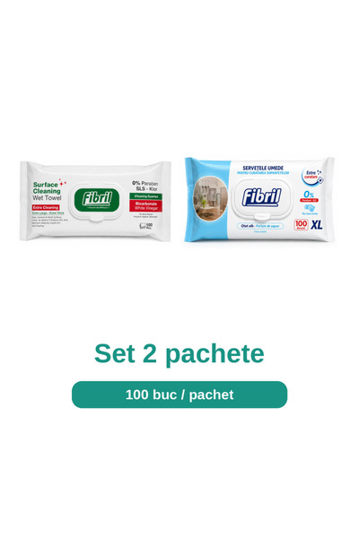 Fibril Set Servetele Umede pentru Suprafete, Mix Aroma Fresh si XL Otet Alb s...