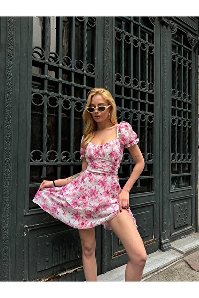 NEW JOURNAL Kadın Pembe Balon Kol Sırt Detaylı Mini Şifon Elbise YEL0329