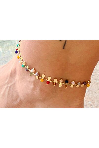 julee.co Pul ve Renkli Boncuklu 14 K Altın Kaplama Rodyum Halhal (27 cm)