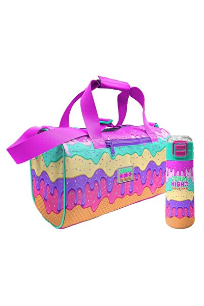 Coral High Multi-Colored Ice Cream Patterned Girl's Sports Bag and 500 ml Ste...
