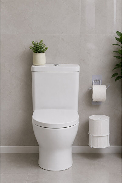 metalshop 2 Parça Banyo Seti Metal Stantlı Çöp Kovalı Wc Kağıtlık Yuvarlak