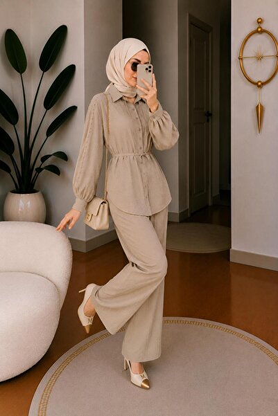 HİRA LİFE FASHİON Women's Stone Detailed Sleeveless Loose Linen Shirt and Wai...