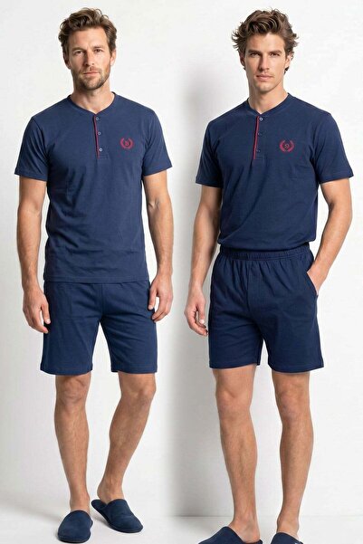 Kompedan Erkek % 100 Pamuk Düğmeli Yaka Altı Düz Cepli Şortlu Pijama Takımı |...