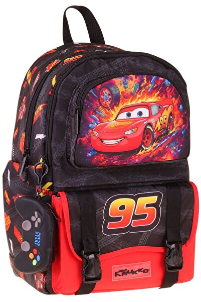 KAUKKO Kids Four-Compartment Boy's Racing Car Printed Red - Black School Back...