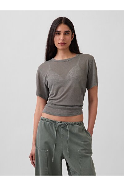 GAP Kadın Gri Keten Karışımlı Relaxed T-Shirt