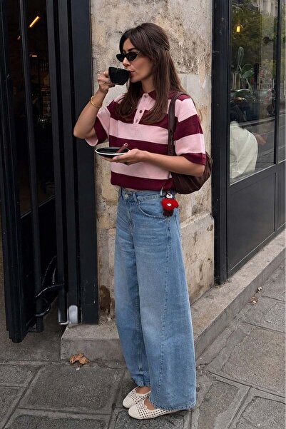 Madmext Bordo Çizgili Polo Yaka Basic Kadın Tişört MG2833
