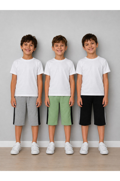 vieso 3'lü Cepsiz Penye Kapri-Şort Gündelik Kız-Erkek Şort TAM KALIP