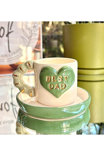 NOF El Yapımı Seramik Gerçek 24K Altın Dekorlu Best Dad Türk Kahvesi Fincanı