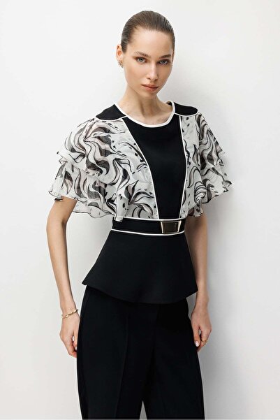 Moda İlgi Modailgi Kolları Şifonlu Biye Detaylı Bluz - 40142 Siyah