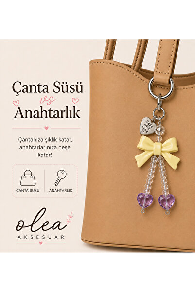 OLEA AKSESUAR Cream Bowknot Purple Heart Stone Bag Ornament and Keychain, Pho...
