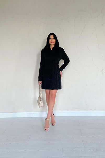 Caddebostan Moda Patterned Jacquard Waist-Slit Long Sleeve Shirt Collar Mini ...
