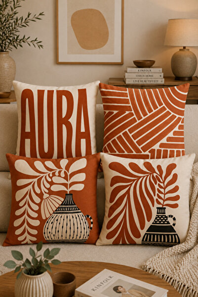 stellahomes Tarçın Turuncusu Boho Dekoratif Kırlent Kılıfı Seti 4'lü Modern S...
