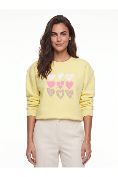 ONLOOX Lemon Yellow Cotton Crew Neck Sweatshirt with Three Thread Heart Embro...