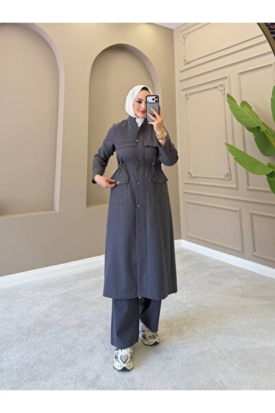 moda4b طقم نسائي من قطعتين من الكريب المزدوج، تونيك طويل بأزرار وبنطلون واسع ...