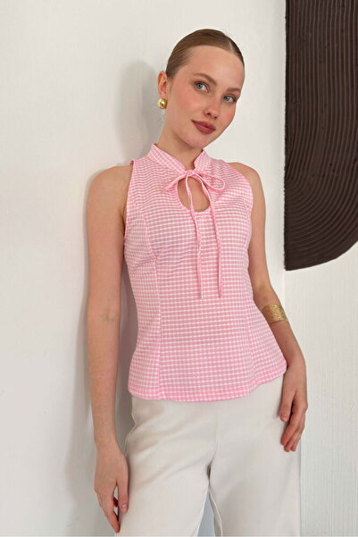 İldies store Pitikare yakadan bağlamalı bluz pembe