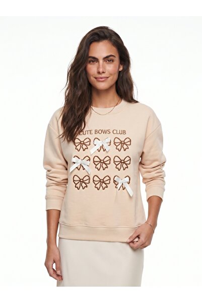 ONLOOX Beige Cotton Three-Thread Ribbed Crew Neck Sweatshirt with Bow Embroid...