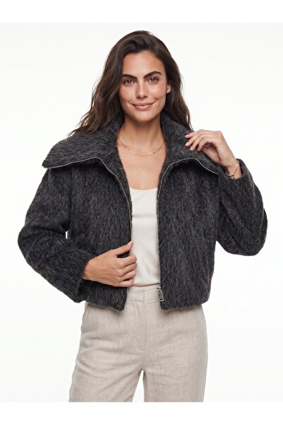 ONLOOX Anthracite Cotton Embroidered Wide Collar Crop Lined Coat with Pocket ...