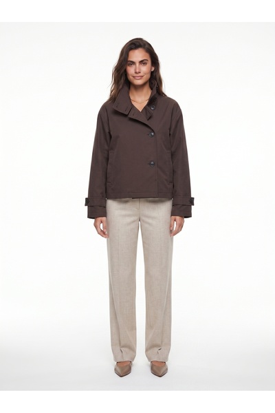 ONLOOX Brown Polyester Woven Stand Collar Short Modern Cut Lined Trench Coat ...