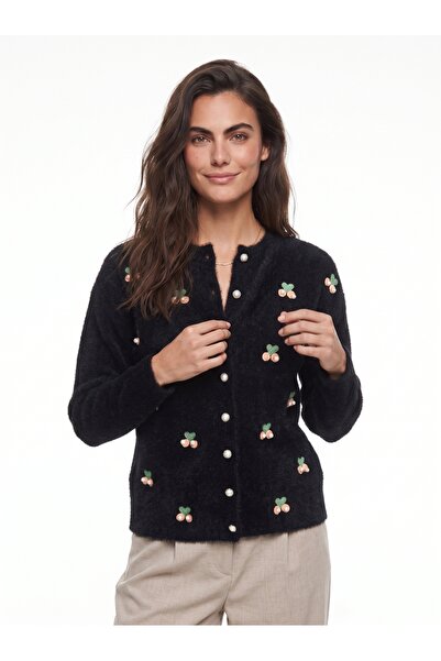 ONLOOX Black Soft Textured Cotton Cherry Embroidered Buttoned Knitwear Cardig...