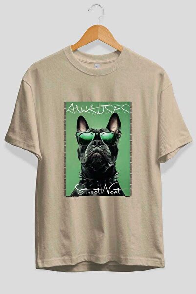 Ankhises For Dog Lovers 35 Front Dog Print Beige Oversize T-Shirt 100% Cotton...