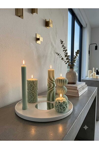 SCA CANDLE Dekoratif mum Dalga+Çizim+üçkü top +Şamdanlık mum +Tepsi Toplam 5 ...