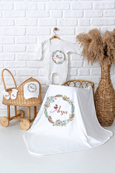 Pia Baby Premium İsme Özel %100 Pamuk Kız Bebek 4 Parça Yenidoğan Hastane Çık...