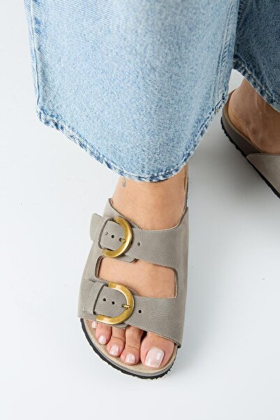 Manijero Fuga Women's Leather Genuine Leather Double Buckle Nubuck Gray Slippers
