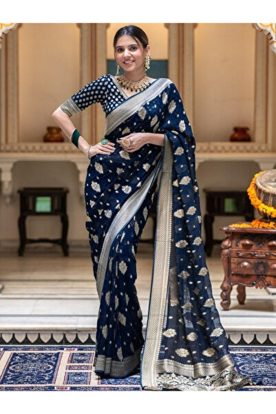 MYSMAR Blue Banarasi Soft Silk Saree - MAF3123 | Blue