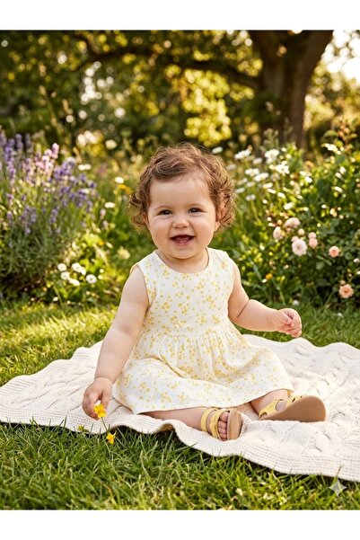 LC Waikiki Lcw Baby White Crew Neck Printed Poplin Baby Girl Dress