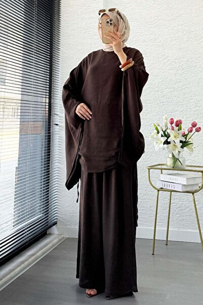 MELEK ARAZ Premium Linen Trouser Set with Gathered Side Sleeves - Brown