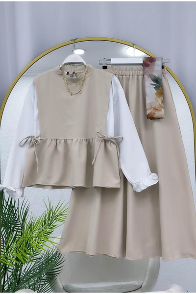 MODA MT Women's Ruffled Sleeve Shirt Detailed Blouse Skirt Set (Shirt Attache...