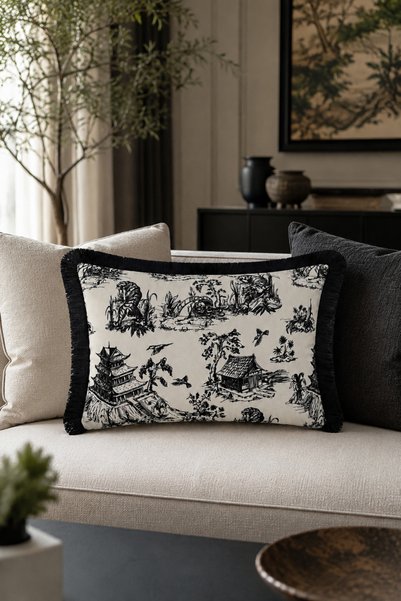 LUX VIE Toile De Jouy Patterned Tasseled Babyface Woven Decorative Throw Pill...