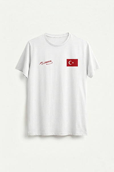 nacar çarşı تي شيرت أبيض للجنسين مزين بتوقيع أتاتورك وعلم تركيا، بأكمام قصيرة...