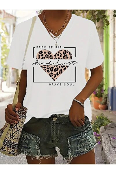 JENOLAN Tricou cu decolteu în V pentru femei Brave Free Spirit cu imprimeu gr...