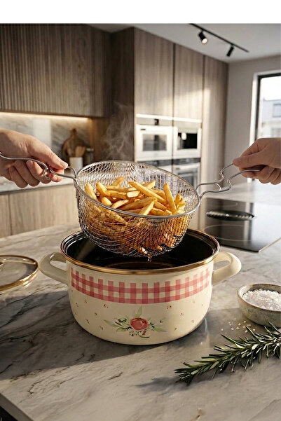 iselahome Rosalia Enamel Frying Pan 24 cm with Glass Lid, Strainer, Double Ha...