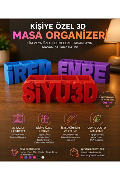 HEDİYEVİM Kişiye Özel İsimli Masa Organizeri Kalemlik | 3D Baskı Masa Düzenle...