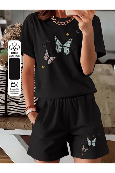 one button Set de tricou și pantaloni scurți premium pentru femei, cu imprime...