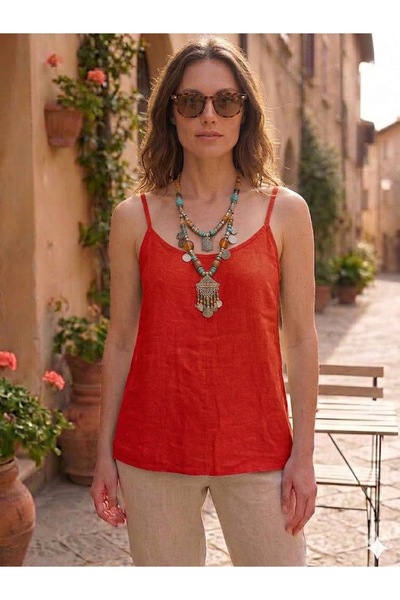 AYASOFYA OTANTIK Women's Italian Red Plain Pattern 100% Linen Strap Blouse
