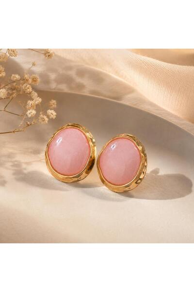 So Much Accesories Gold Framed Pink Curved Stone Oversized Stud Earrings