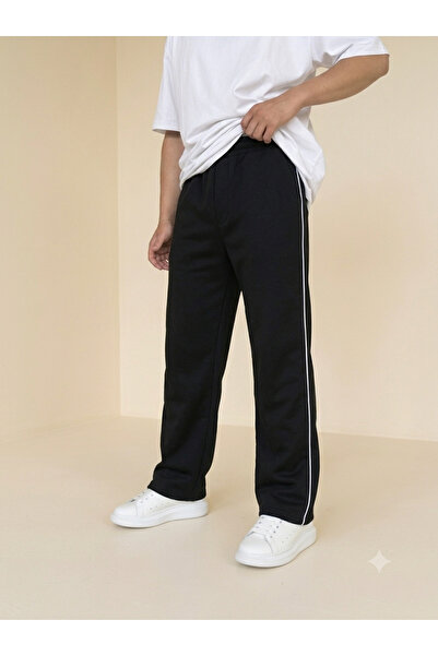 ATKGİYİM Unisex Siyah Baggy Bol Kesim İnce Penye Pamuk Eşofman Altı - Yanı Be...