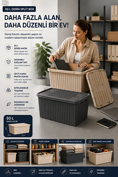 Virela Home 50 L Derin Split Box Çift Kapaklı Saklama Kutusu Çok Amaçlı Düzen...